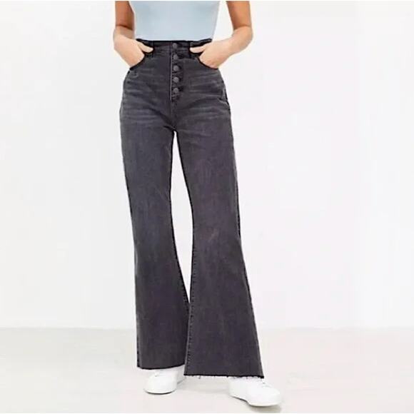 Loft Denim High Waist Sandal Flare Jeans Button Fly Raw Hem Womens Size 30 / 10 - Picture 1 of 8